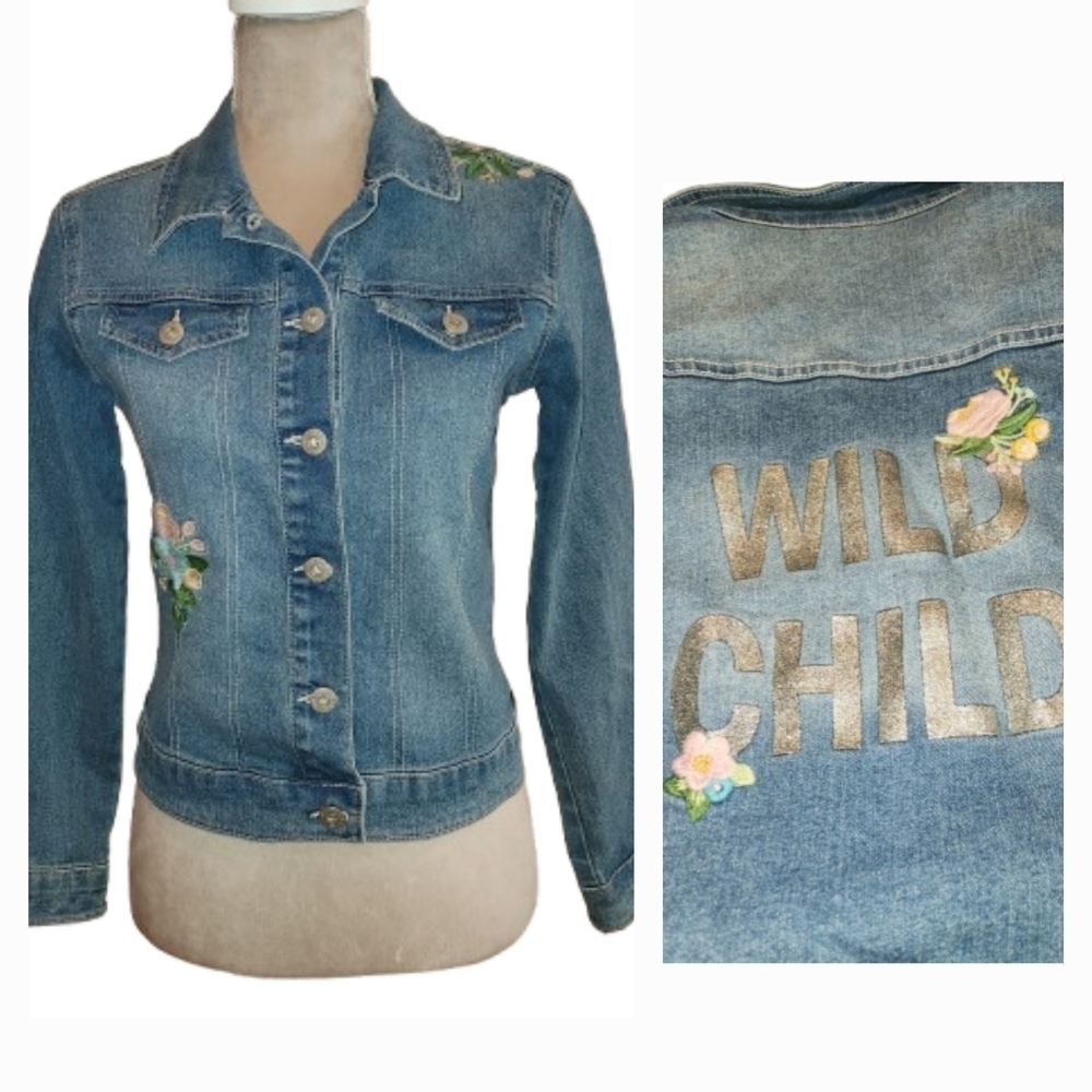 Arizona Jean Co Girls Wild Child Denim Jacket Size XL/16 Embroidery Front & Back